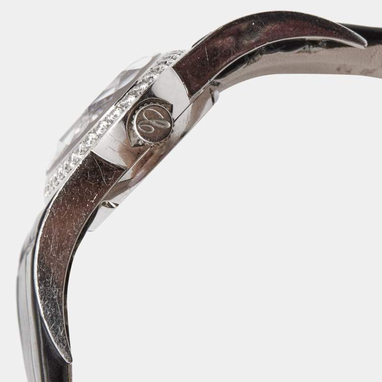 Pre Owned Chopard Mother of Pearl 18k White Gold Alligator Leather Diamond Happy Oval 139018 Women's Wristwatch 42 mm