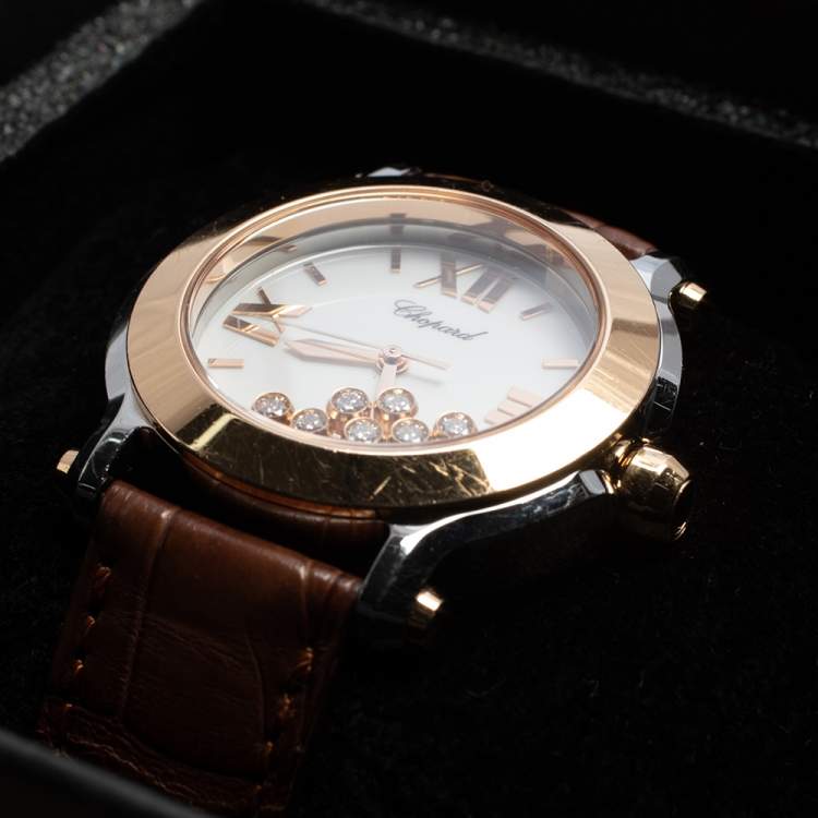 Pre Owned Chopard White 18K Rose Gold & Stainless Steel Happy Sport 278492 Women's Wristwatch 36 mm