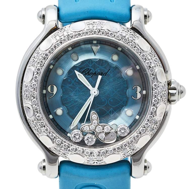 Pre Owned Chopard Blue Diamonds Stainless Steel Rubber Happy Sport 27/8921 Quartz Women's Wristwatch 32MM