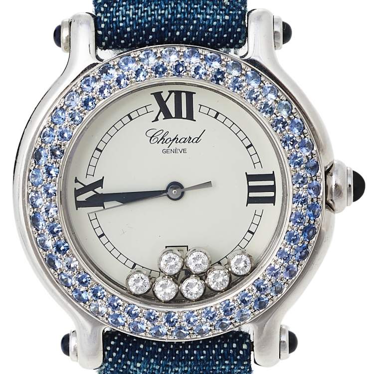 Pre Owned Chopard White 18K White Gold Sapphire & Diamond Happy Sport S27/6177-23 Women's Wristwatch 33 mm