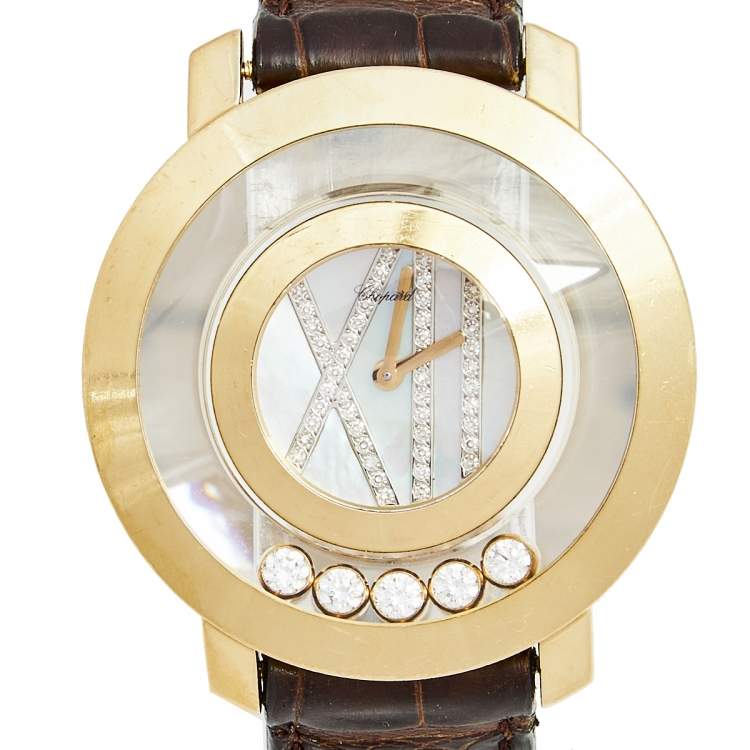 Pre Owned Chopard Mother of Pearl Diamond 18k Yellow Gold Crocodile Happy Diamond 20/7224 Women's Wristwatch 37 mm