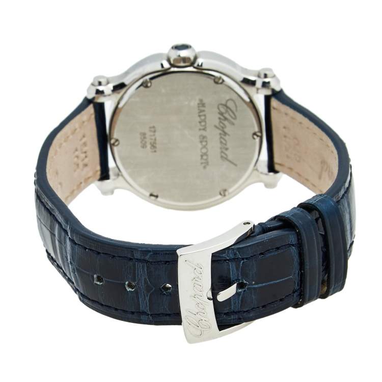 Pre Owned Chopard Blue Diamond Stainless Steel Alligator Happy Sport 27/8509-3049 Women's Wristwatch 30 mm