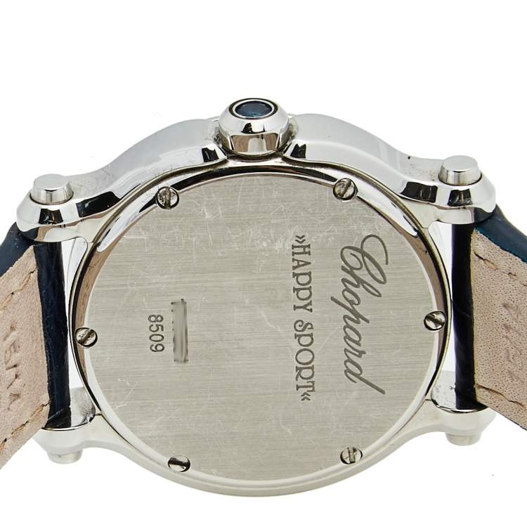 Pre Owned Chopard Blue Diamond Stainless Steel Alligator Happy Sport 27/8509-3049 Women's Wristwatch 30 mm