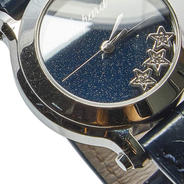 Pre Owned Chopard Blue Diamond Stainless Steel Alligator Happy Sport 27/8509-3049 Women's Wristwatch 30 mm