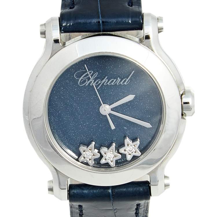 Pre Owned Chopard Blue Diamond Stainless Steel Alligator Happy Sport 27/8509-3049 Women's Wristwatch 30 mm