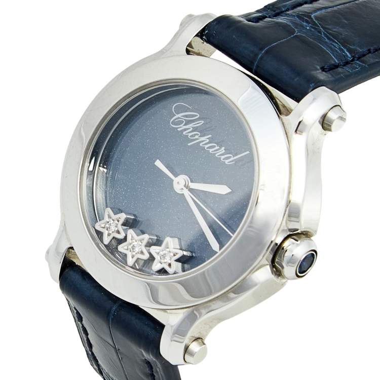 Pre Owned Chopard Blue Diamond Stainless Steel Alligator Happy Sport 27/8509-3049 Women's Wristwatch 30 mm