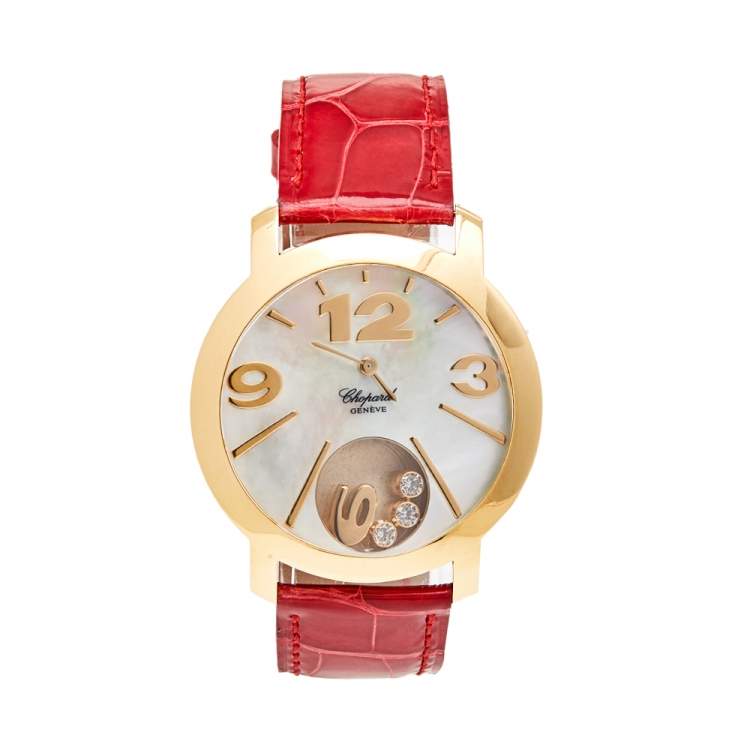 Pre Owned Chopard Mother Of Pearl Diamond 18k Yellow Gold Alligator 20/7449 Women's Wristwatch 40 mm