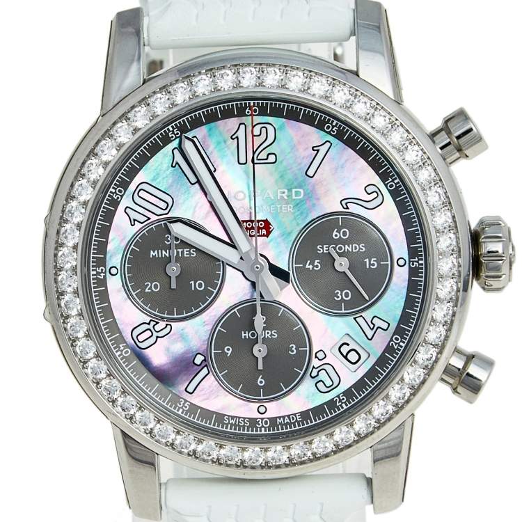Pre Owned Chopard Mother of Pearl Stainless Steel Diamond Rubber Mille Miglia 8588 Women's Wristwatch 39 mm