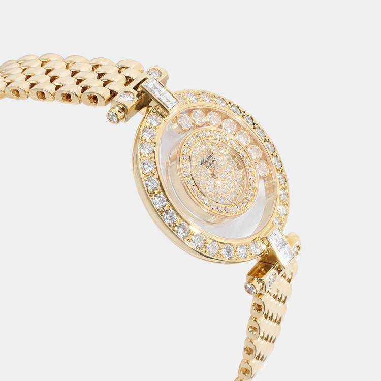 Pre Owned Chopard Champagne Diamonds 18k Yellow Gold Happy Diamonds 20/5011 Women's Wristwatch 26 MM