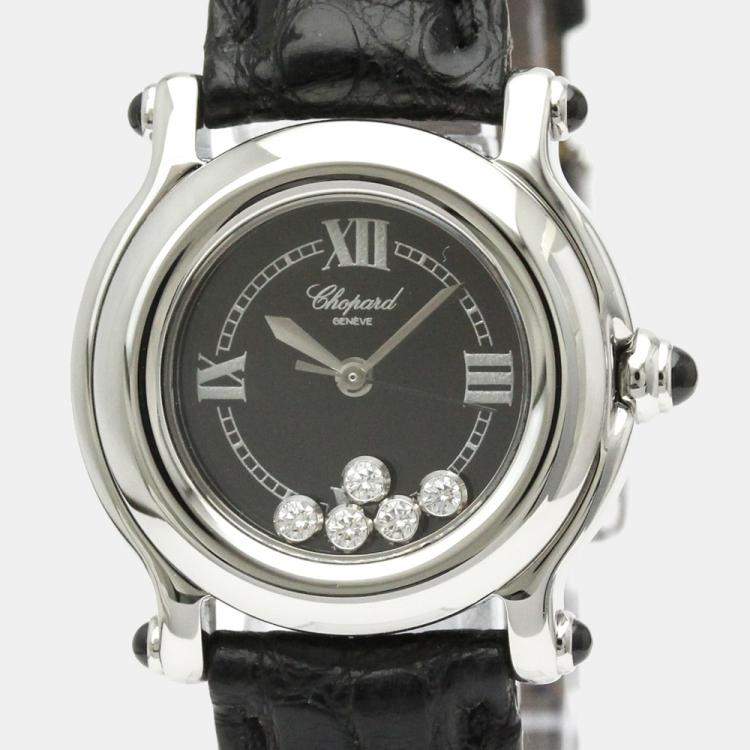 Pre Owned Chopard Black Diamonds Stainless Steel Happy Sport 27/8245-23 Quartz Women's Wristwatch 26 mm