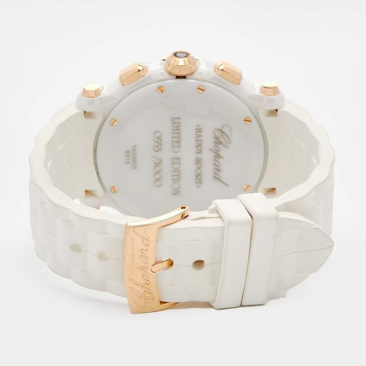 Pre Owned Chopard White 18k Rose Gold Rubber Diamond Happy Sport 288515-9001 Women's Wristwatch 42 mm