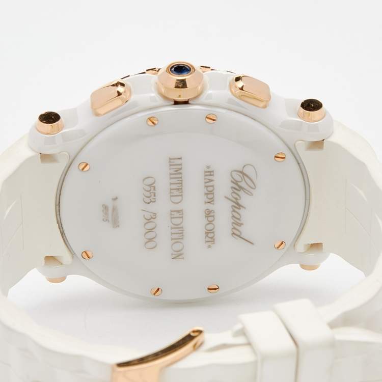 Pre Owned Chopard White 18k Rose Gold Rubber Diamond Happy Sport 288515-9001 Women's Wristwatch 42 mm