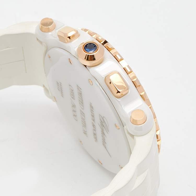 Pre Owned Chopard White 18k Rose Gold Rubber Diamond Happy Sport 288515-9001 Women's Wristwatch 42 mm
