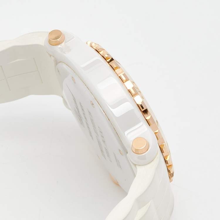 Pre Owned Chopard White 18k Rose Gold Rubber Diamond Happy Sport 288515-9001 Women's Wristwatch 42 mm
