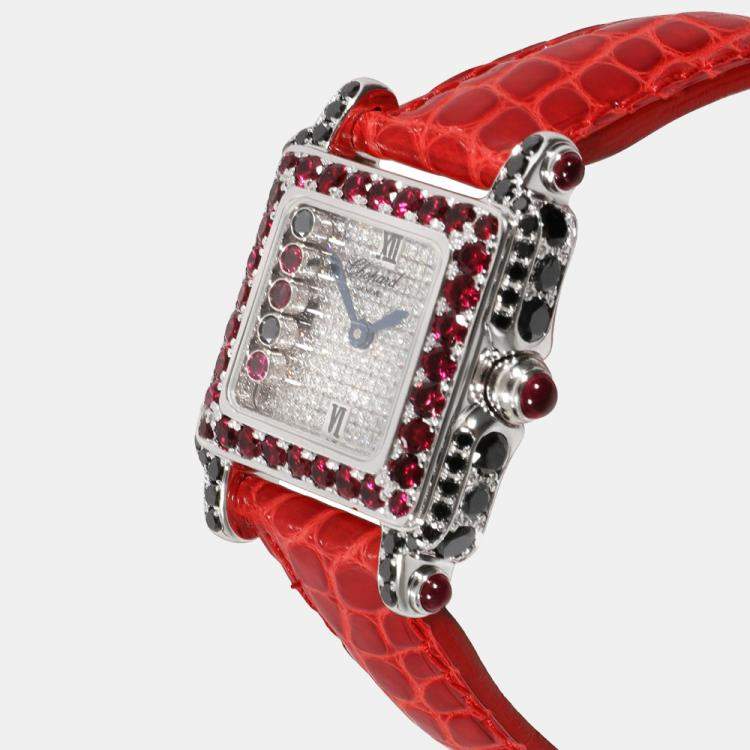 Pre Owned Chopard Silver Diamonds Sapphire 18K White Gold Happy Sport 27/6852-421 Women's Wristwatch 23 mm