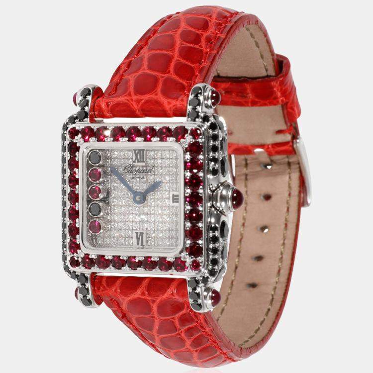 Pre Owned Chopard Silver Diamonds Sapphire 18K White Gold Happy Sport 27/6852-421 Women's Wristwatch 23 mm