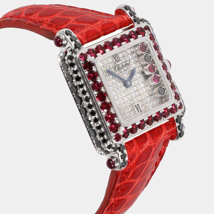 Pre Owned Chopard Silver Diamonds Sapphire 18K White Gold Happy Sport 27/6852-421 Women's Wristwatch 23 mm