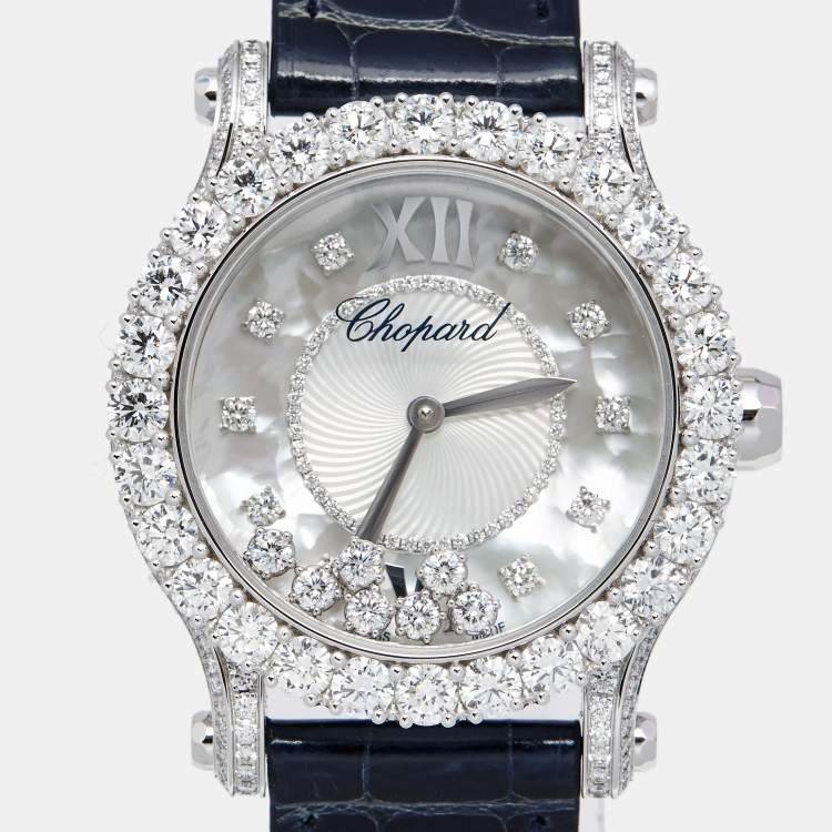 Pre Owned Chopard Mother Of Pearl 18K White Gold Diamond Alligator Leather Happy Sport 274809-1001 Women's Wristwatch 36 mm