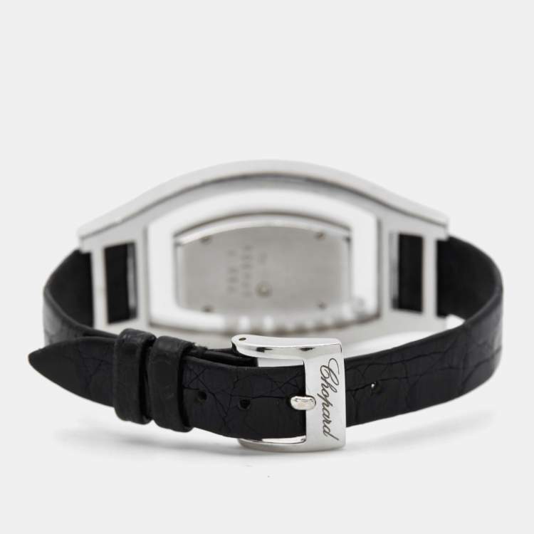 Pre Owned Chopard Silver 18k White Gold Diamond Leather Happy Diamonds 20/9028 Women's Wristwatch 28.5 mm 