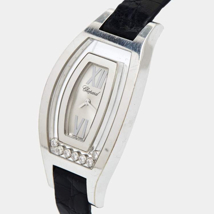 Pre Owned Chopard Silver 18k White Gold Diamond Leather Happy Diamonds 20/9028 Women's Wristwatch 28.5 mm 