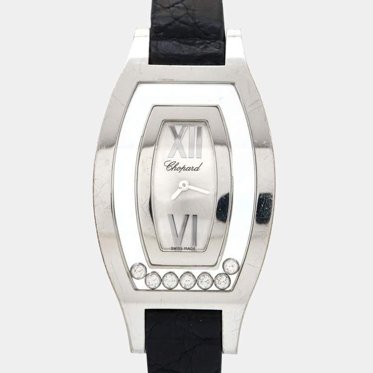 Pre Owned Chopard Silver 18k White Gold Diamond Leather Happy Diamonds 20/9028 Women's Wristwatch 28.5 mm 