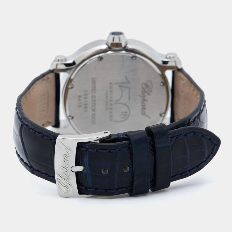 Pre Owned Chopard Blue Stainless Steel Diamonds Alligator Happy Sport 150th Anniversary Limited Edition 27/8475-3020 Women's Wristwatch 36 mm