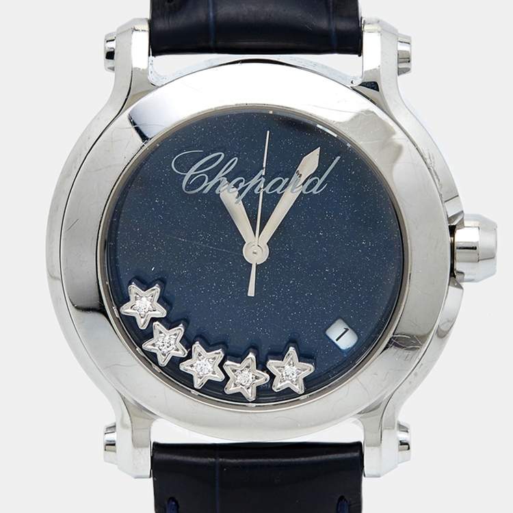 Pre Owned Chopard Blue Stainless Steel Diamonds Alligator Happy Sport 150th Anniversary Limited Edition 27/8475-3020 Women's Wristwatch 36 mm