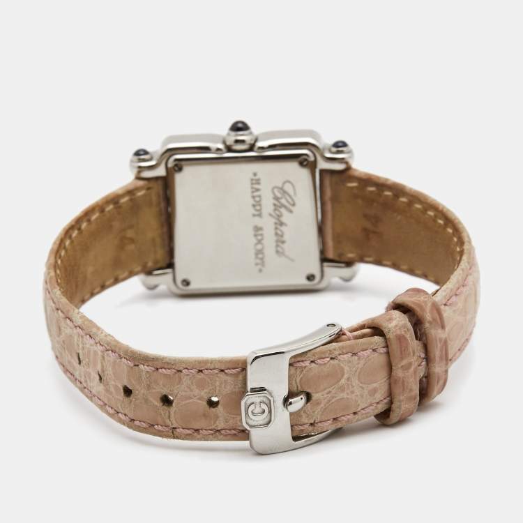 Pre Owned Chopard White Diamond Stainless Steel Alligator Happy Sport 27/8892-23 Women's Wristwatch 23 mm 