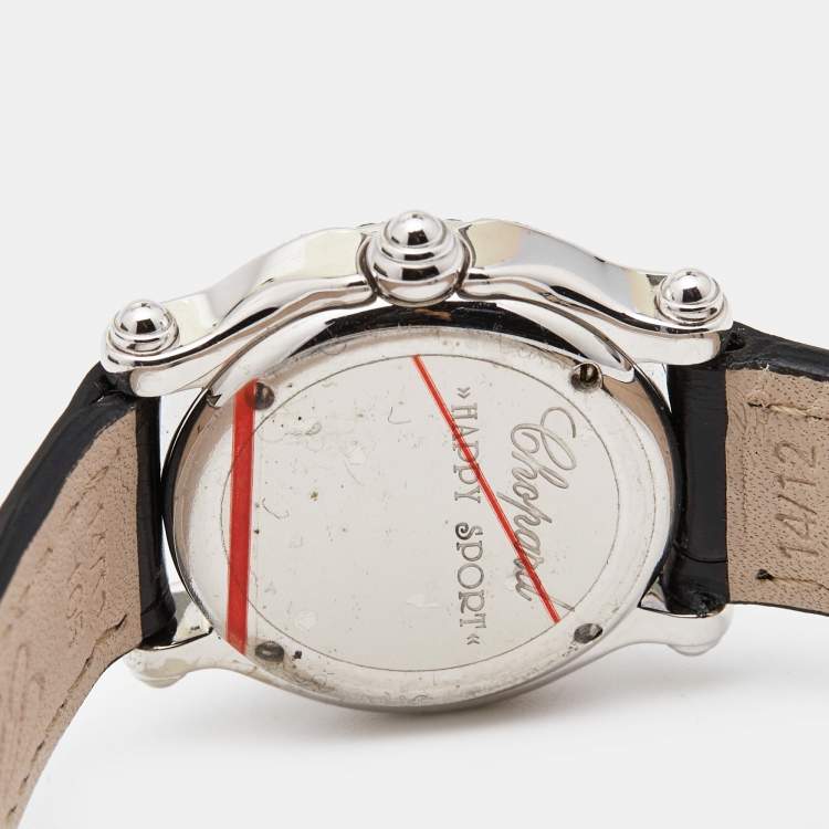Pre Owned Chopard White Mother Of Pearl 18K White Gold Alligator Leather Happy Sport 27/6252-23 Women's Wristwatch 26 mm