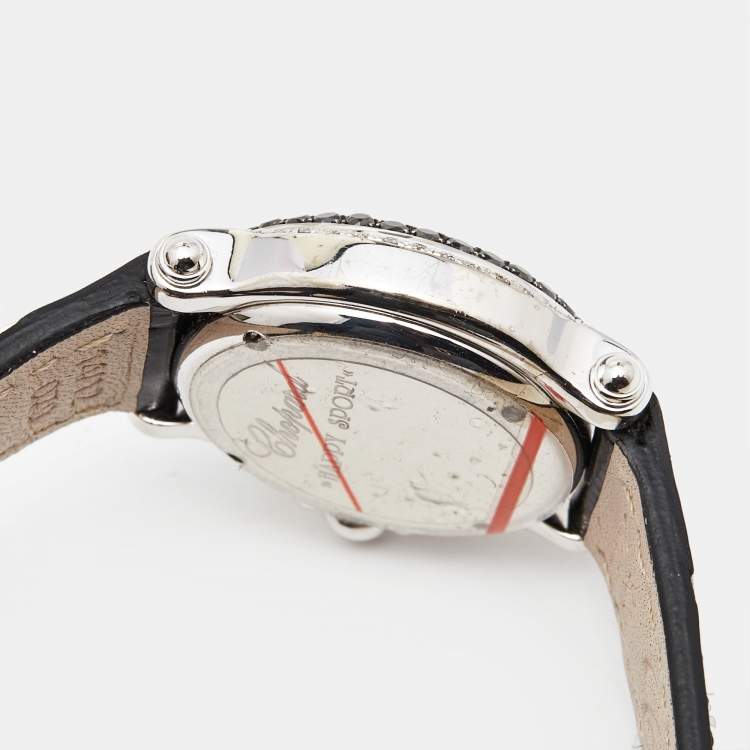Pre Owned Chopard White Mother Of Pearl 18K White Gold Alligator Leather Happy Sport 27/6252-23 Women's Wristwatch 26 mm