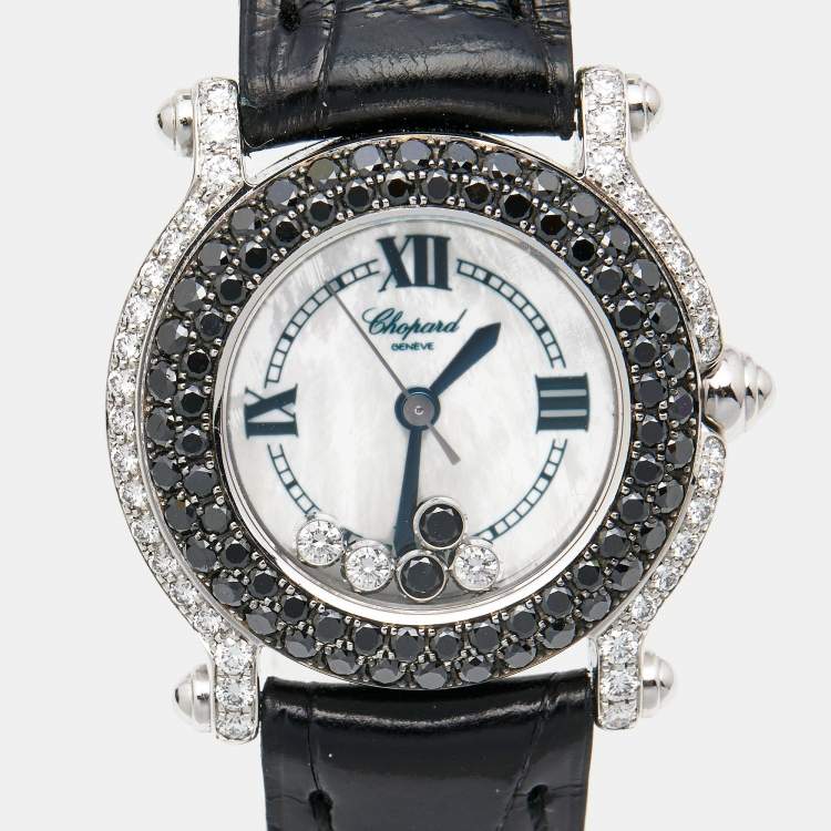 Pre Owned Chopard White Mother Of Pearl 18K White Gold Alligator Leather Happy Sport 27/6252-23 Women's Wristwatch 26 mm