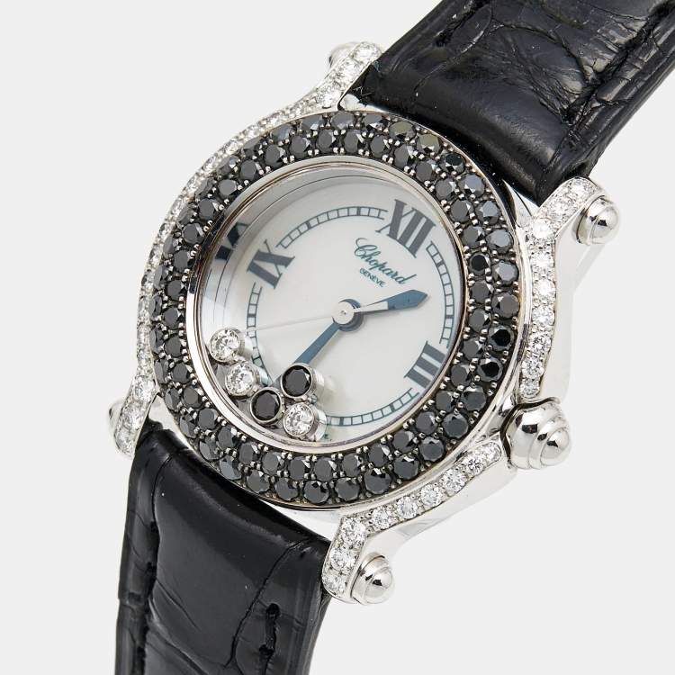 Pre Owned Chopard White Mother Of Pearl 18K White Gold Alligator Leather Happy Sport 27/6252-23 Women's Wristwatch 26 mm
