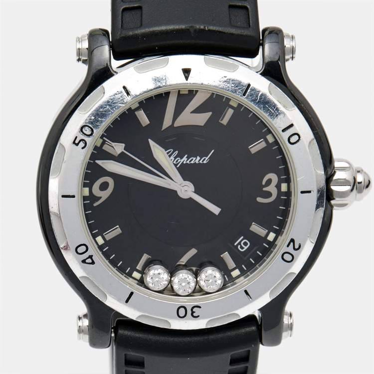 Pre Owned Chopard Black Ceramic Stainless Steel Rubber Limited Edition Happy Sport 28/8507 Women's Wristwatch 38 mm