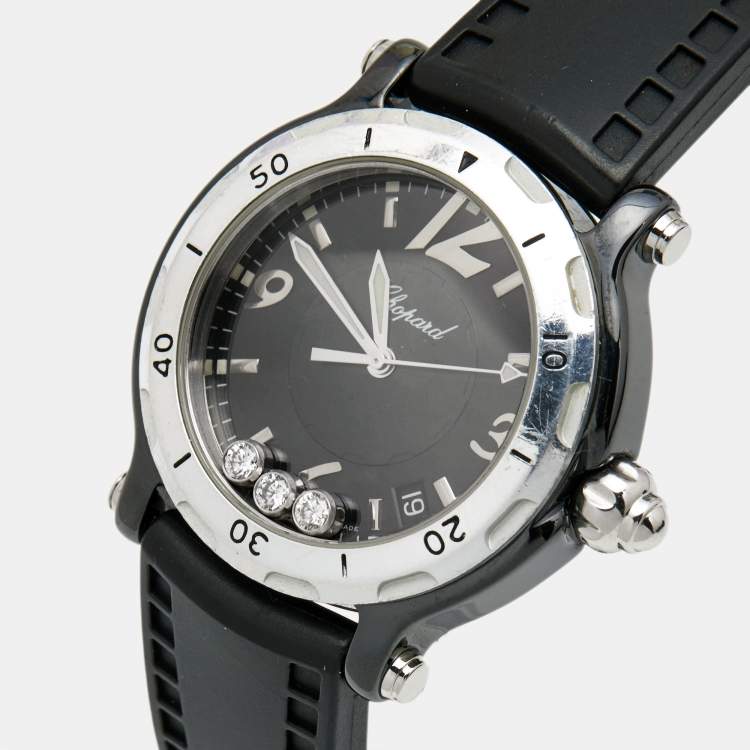 Pre Owned Chopard Black Ceramic Stainless Steel Rubber Limited Edition Happy Sport 28/8507 Women's Wristwatch 38 mm