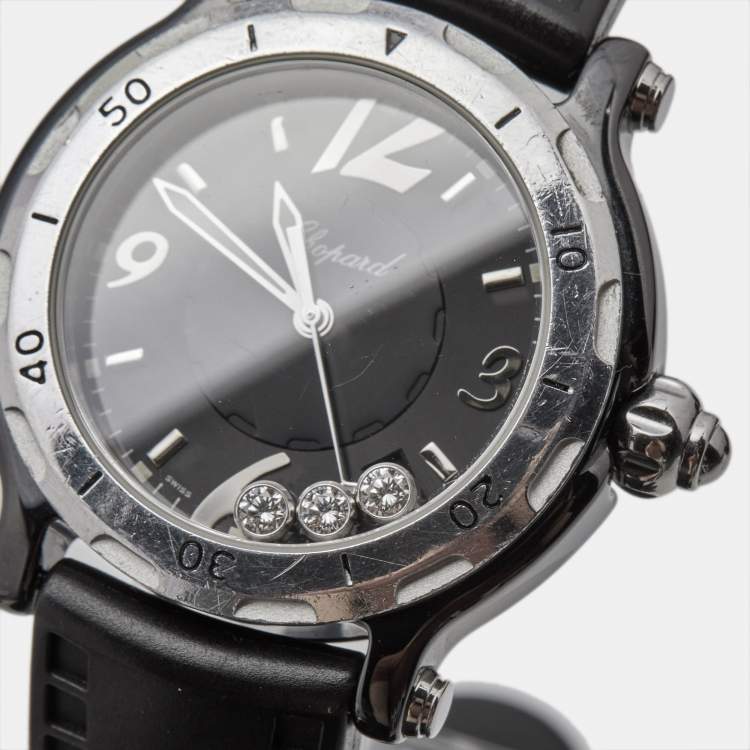 Pre Owned Chopard Black Ceramic Stainless Steel Rubber Limited Edition Happy Sport 28/8507 Women's Wristwatch 38 mm