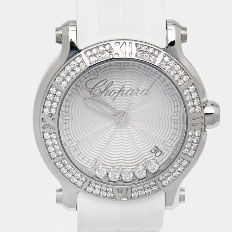 Pre Owned Chopard Silver Stainless Steel Rubber Diamond Happy Sport 278551-3003 Women's Wristwatch 36 mm