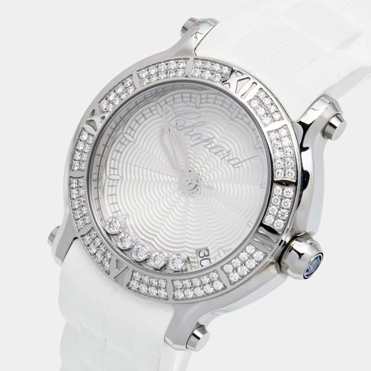 Pre Owned Chopard Silver Stainless Steel Rubber Diamond Happy Sport 278551-3003 Women's Wristwatch 36 mm