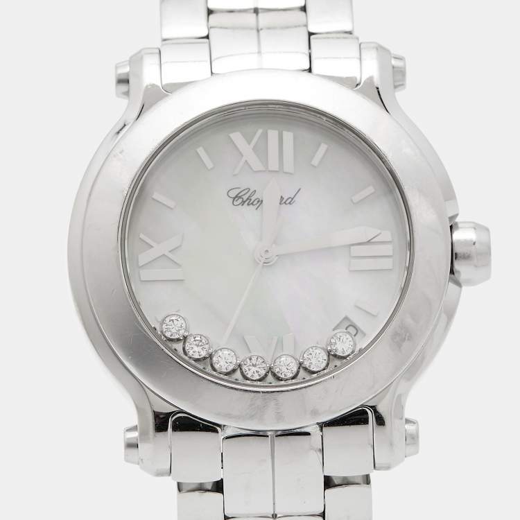 Pre Owned Chopard Mother Of Pearl Diamond Stainless Steel Happy Sport 8475 Women's Wristwatch 35 mm