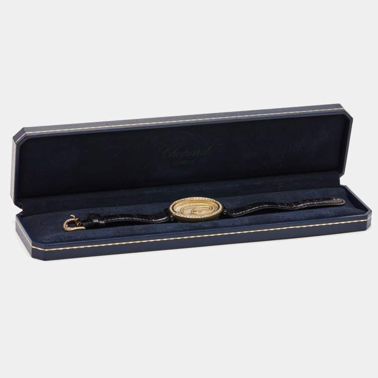 Pre Owned Chopard Mother Of Pearl 18K Yellow Gold Diamond Alligator Leather Happy Spirit Women's Wristwatch 30 mm