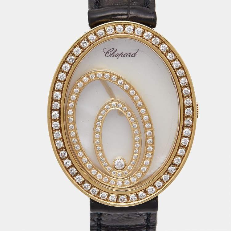Pre Owned Chopard Mother Of Pearl 18K Yellow Gold Diamond Alligator Leather Happy Spirit Women's Wristwatch 30 mm