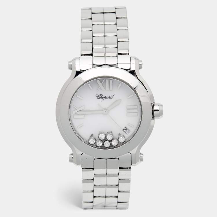 Pre Owned Chopard White Diamond Stainless Steel Happy Sport 8475 Women's Wristwatch 35 mm