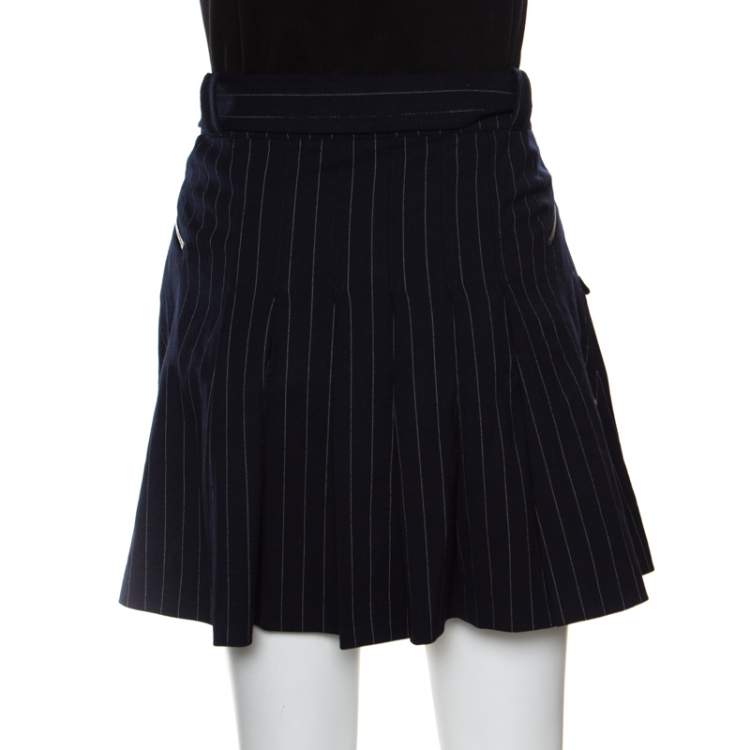 Pre Owned Christian Dior Boutique Navy Blue Striped Wool Pleated Mini Skirt M