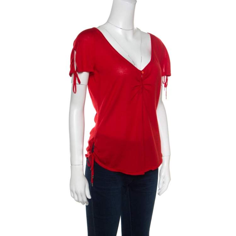 Pre Owned Christian Dior Boutique Red Cashmere Knit Raglan Sleeve V Neck Top L