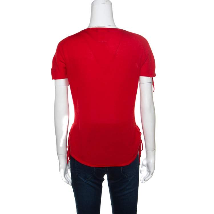 Pre Owned Christian Dior Boutique Red Cashmere Knit Raglan Sleeve V Neck Top L