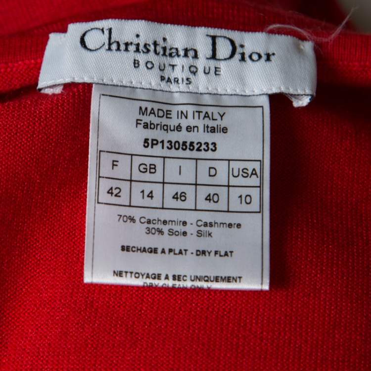 Pre Owned Christian Dior Boutique Red Cashmere Knit Raglan Sleeve V Neck Top L