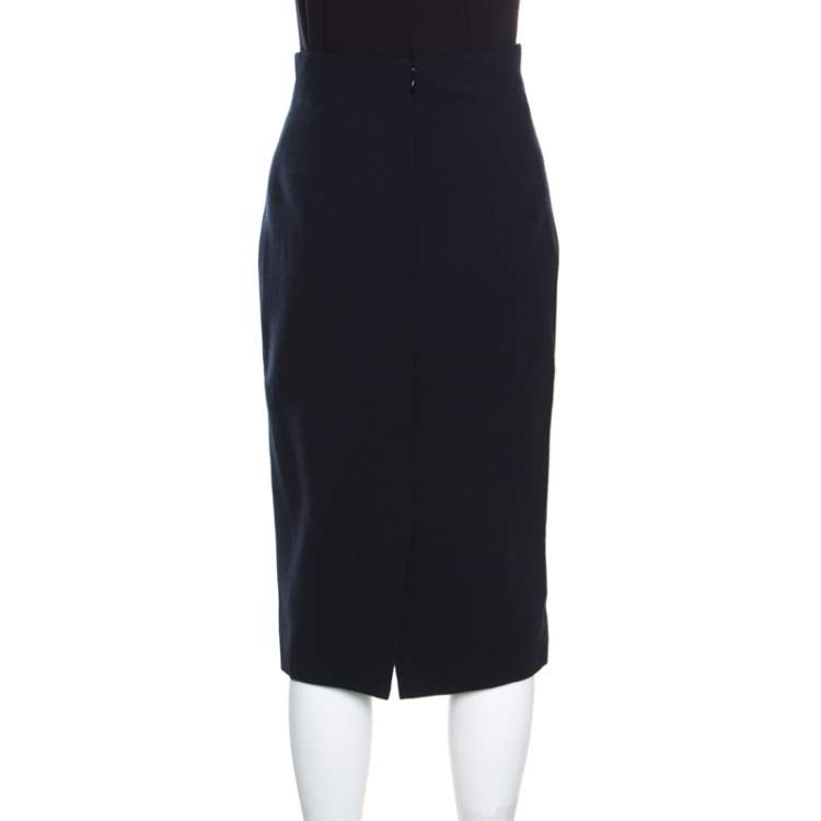 Pre Owned Christian Dior Black Textured Wool High Waist Pencil Skirt S