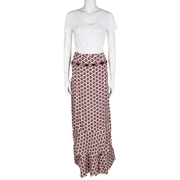 Pre Owned Christian Lacroix Multicolor Printed Silk Ruffle Detail Maxi Skirt L