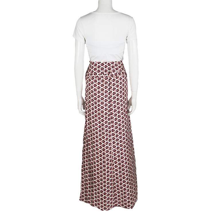 Pre Owned Christian Lacroix Multicolor Printed Silk Ruffle Detail Maxi Skirt L