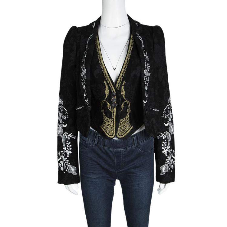 مملوكة مسبقًا Christian Lacroix Black Floral Embroidered Vest Detail Velvet Blazer S