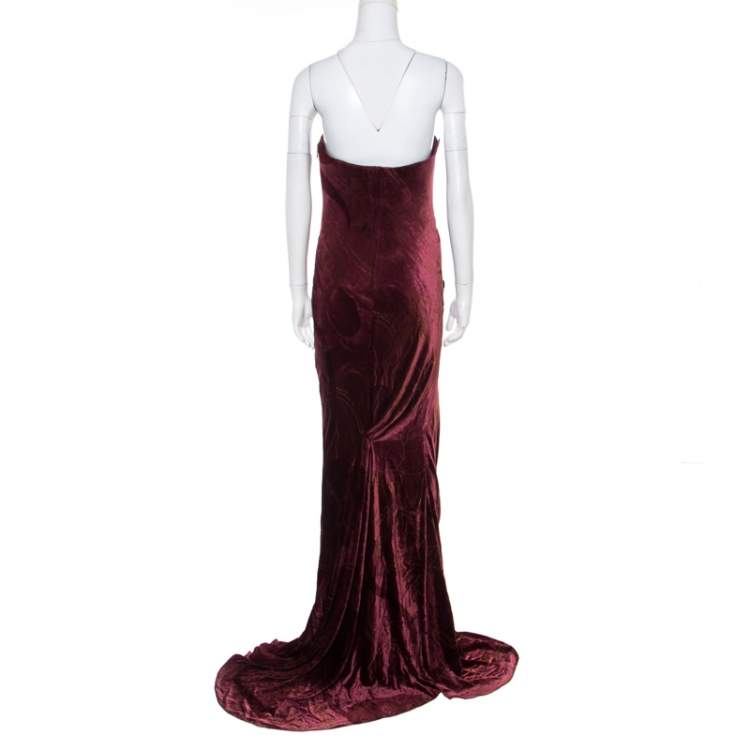 Pre Owned Christian Lacroix Burgundy Velvet Cord Embroidered Strapless Evening Gown M